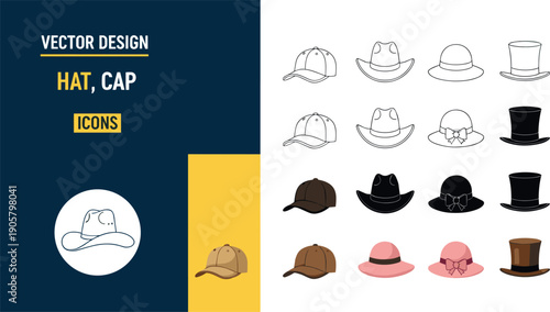 Collection of hat and cap icons including baseball caps, cowboy hats, fedoras, and top hats