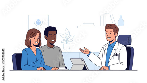 Consultation: A doctor engages in a consultation with a couple, fostering a sense of trust and care.
