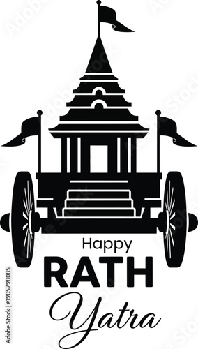 Black silhouette of traditional Indian chariot with flags and Happy Rath Yatra text on white
