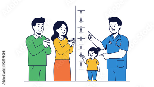 Health Check: A heartwarming illustration shows a family's health journey with a doctor. The family includes parents, a child, and a doctor, all standing together to measure the child's height.
