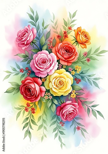 Vibrant cluster of multi colored roses painted with delicate watercolor technique