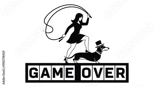 A stylized illustration of a woman jumping over a dog with a game over sign Vector