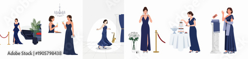 Collection of scenes showing elegant women in blue evening gowns arriving, socializing, and celebrating at a luxurious formal event or gala.
