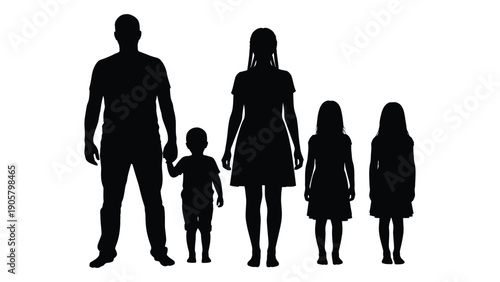 Silhouette of a family of five standing together in a line Vector