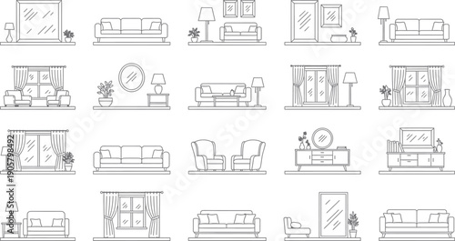 A collection of 16 black and white line drawings of furniture on isolated on transparent background