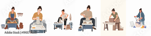 Woman potter illustrating various stages of ceramics creation: throwing, shaping, trimming, wedging, and glazing, representing handmade craft and artistic hobby.