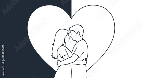A romantic vector illustration featuring the silhouette of a couple sharing a kiss for a Valentine Day wedding card celebrating love and family happiness
