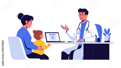 Medical Consultation: A comforting illustration shows a doctor interacting with a mother and child, focusing on their well-being. This scene symbolizes care, health and the essence of medical aid. 