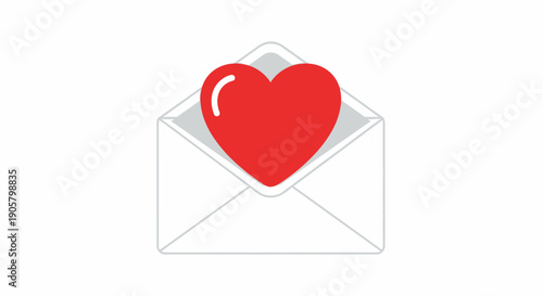 Red heart symbol on a white background with a romantic Valentine card and paper envelope illustration for a holiday love message greeting