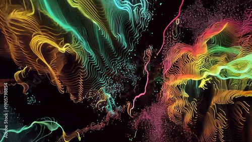 Vibrant Waves in Fluid Dynamics: Neon Colors and Swirling Lines for a Mesmerizing Abstract Art Experience