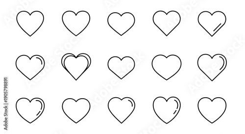 Set of red and pink heart icons and vector illustrations in various shapes for romantic Valentine's Day designs, symbols of love and passion on a white background