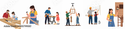 Family Home Renovation and DIY Projects Set: People Constructing, Building, Sawing, Planning, and Painting Wooden Structures, Demonstrating Teamwork and Skills.