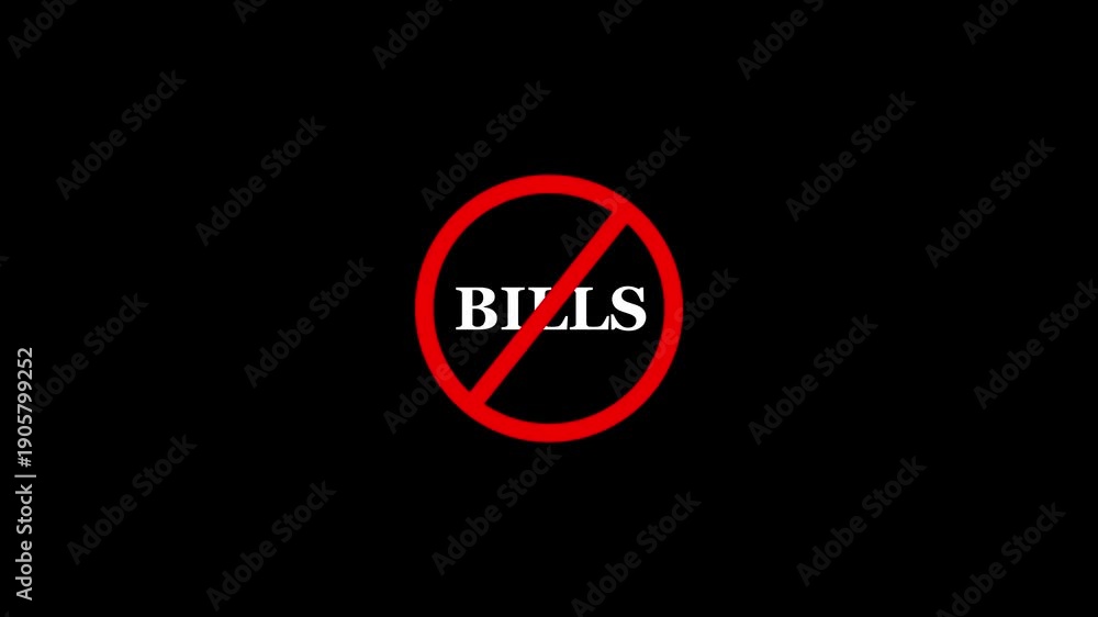 Bills prohibition sign animation, black background. Caution warning ...