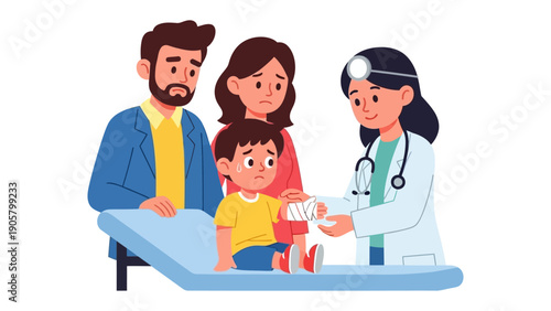 Caring for Little Injured: A compassionate physician provides medical attention to a young child with a minor injury, while his parents offer comfort and support, embodying care and family.