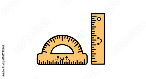 Adorable cartoon ruler and protractor smiling with innocent eyes on white backdrop