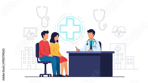 Doctor's Consultation: A patient couple consults with a compassionate doctor in a medical setting, with elements suggesting a nurturing and reassuring atmosphere.