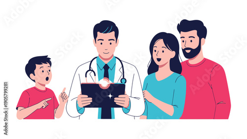 Doctor and Family: A medical professional engages in a discussion with a family, likely providing diagnosis or medical counsel. conveying a sense of care and assurance.