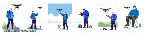 Senior man piloting a quadcopter drone outdoors, exploring technology, hobbies, and remote photography in multiple vector illustrations.
