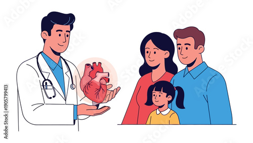 Heart Health Consultation: A doctor explains the intricacies of a healthy heart to a family, symbolizing the importance of preventative care and well-being.