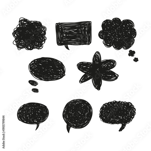Comic Speech Bubble Overlay Collection with Hand-Drawn Black Scribble Style Dialogue and Thought Shapes on White Background