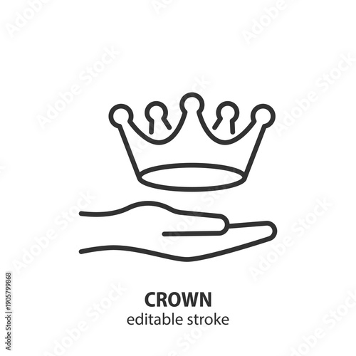 Human hand holding royal crown, line vector icon concept. Symbol of success, leadership, and power for business promotion and reward. Vector illustration.