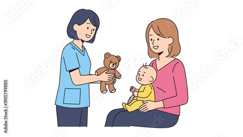 Caring Mom and Baby: A tender scene unfolds as a mother and infant connect with a caretaker, sharing a moment of connection with a teddy bear. A picture of motherhood and childcare.
