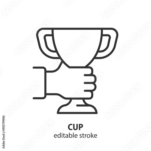 Hand holding a winner cup line icon. Competition award. Concept of success, triumph and achievement. Editable stroke. Vector illustration.