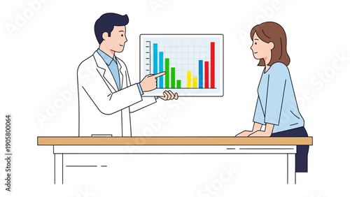 Data presentation by specialist: a doctor, with pointer and his client, studies a chart and discussing a report.