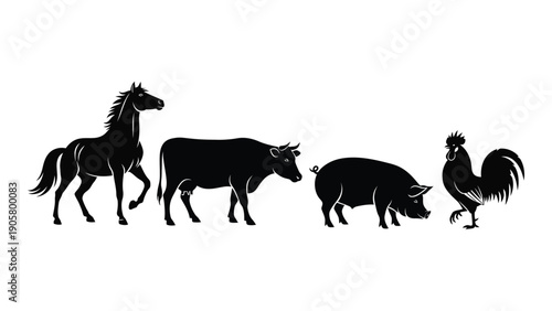 A diverse group of animals including a horse, cow, pig, and rooster in silhouette. Vector