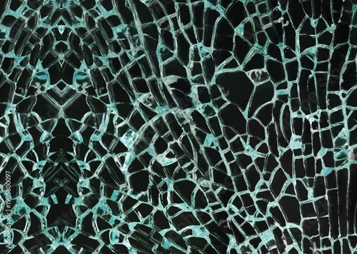 Broken Glass Texture Overlay with Shattered Cracks, Symmetrical Web Patterns, and Light Blue Highlights on Dark Background