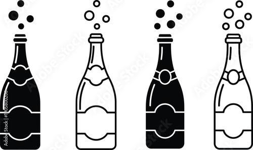 Four bottles of champagne with corks popping and bubbles escaping