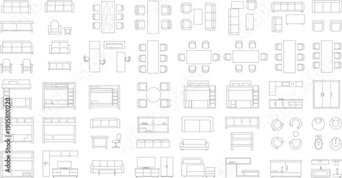 Collection of various technical blueprint icons isolated on transparent background