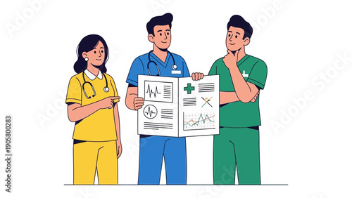 Healthcare Professionals in Discussion: Three healthcare professionals collaborate, poring over medical charts. A study of expertise, collaboration, and dedication to health.