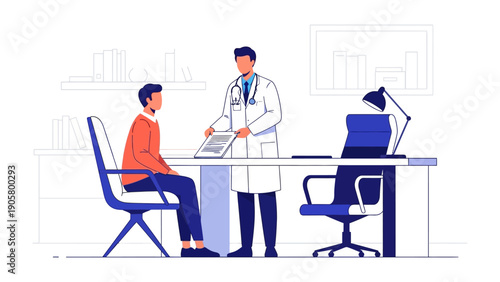 Consultation and Care: A doctor in a pristine medical office, interacting with a patient during a consultation, ensuring health