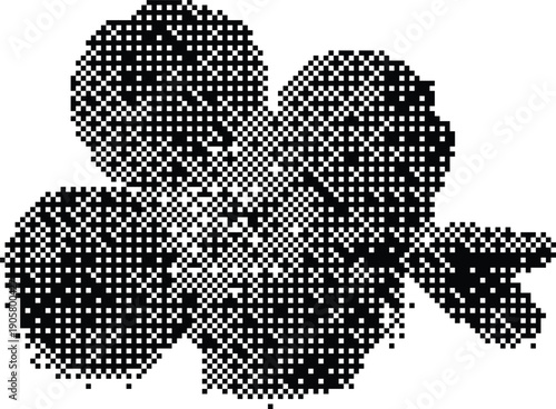 Retro dithered poppy flower head in black and white 1-bit pixelated style for vintage lo-fi aesthetic graphic design