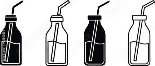 Four different types of drinks in bottles with straws, illustrating various levels of fullness