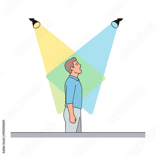 Man standing under colored stage lights in a performance setting  