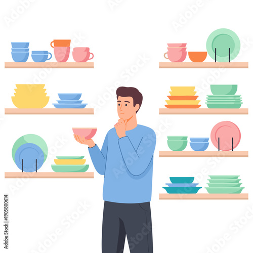 Man contemplating while shopping for ceramic dishes in store  