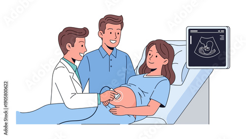 Embracing New Beginnings: A tender moment unfolds as a healthcare professional conducts an ultrasound on a radiant, pregnant woman, with the supportive partner by her side.