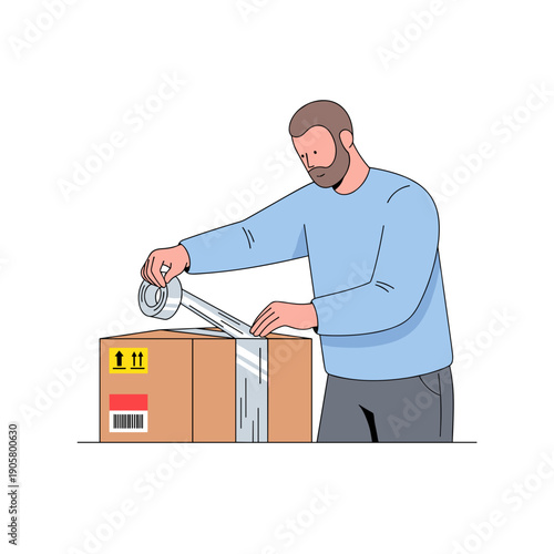 Man sealing package with duct tape while working at home  