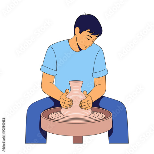 Young man shaping wet clay on pottery wheel in studio  