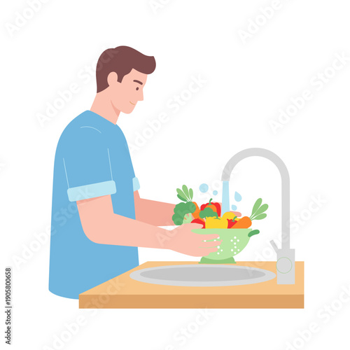 Man rinsing vegetables in colander at kitchen sink  