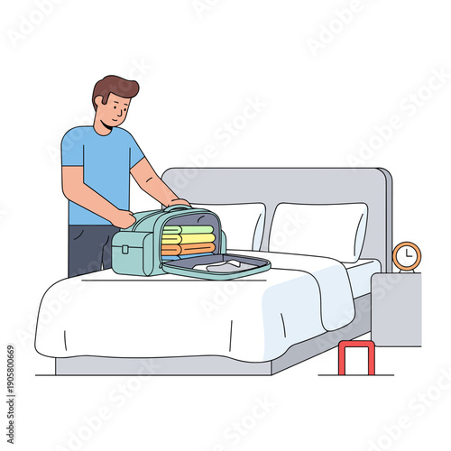 Man packing travel bag with clothes on bed in bedroom  