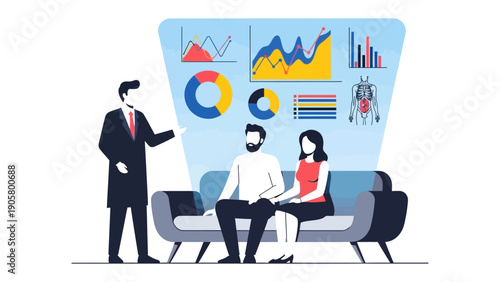 Data insights and guidance: An advisor presents data-driven insights to a couple, highlighting their financial or health outlook and offering expert guidance for the future. 