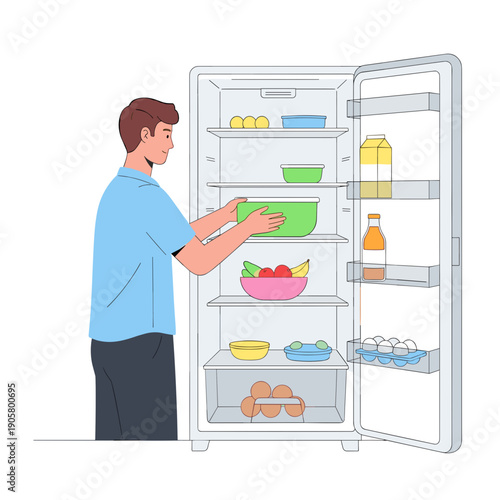 Man organizing food in refrigerator while preparing meals at home  