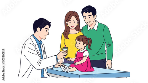 Child's Health Checkup: A kind doctor provides medical care to a young girl in the presence of her parents, symbolizing health and security. 
