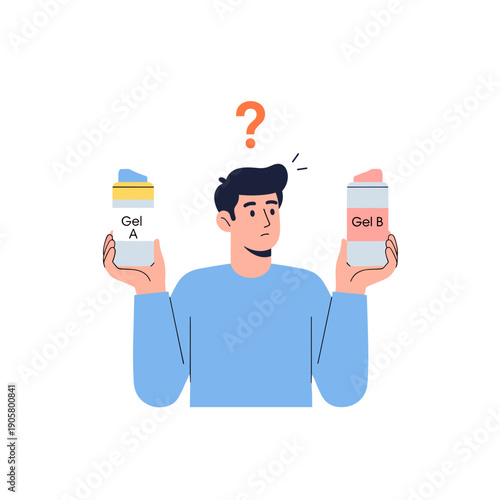 Man choosing between hair gels while looking confused  