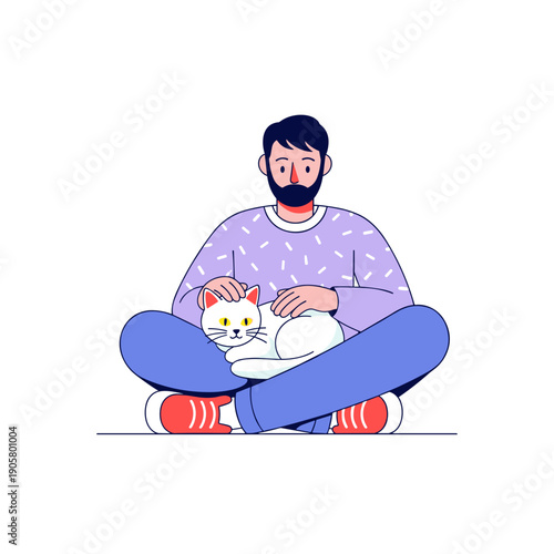 Male pet owner relaxing with cat on lap at home  
