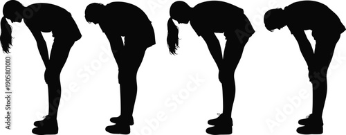 Black silhouettes of exhausted runners and athletes leaning on knees catching breath after workout or race isolated on white background for sports fitness design