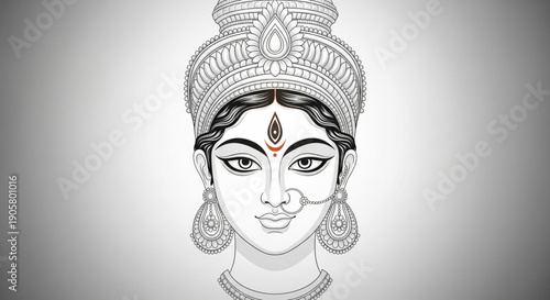 Graceful Maa Durga portrait illustration showing calm divine eyes sacred third eye and detailed traditional jewelry ideal for Navratri Chaitra Navratri spiritual visuals